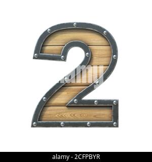 Police en bois avec cadre en métal et rivets, rendu 3d numéro 2 Banque D'Images