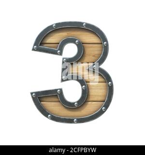 Police en bois avec cadre en métal et rivets, rendu 3d numéro 3 Banque D'Images