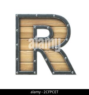 Police en bois avec cadre en métal et rivets, rendu 3d lettre R Banque D'Images
