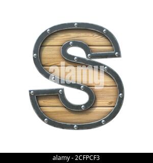 Police en bois avec cadre en métal et rivets, rendu 3d lettre S Banque D'Images