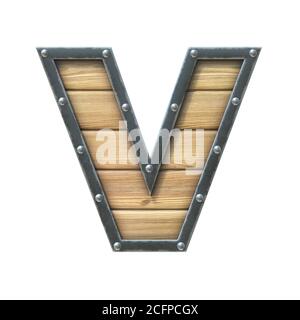 Police en bois avec cadre en métal et rivets, rendu 3d lettre V Banque D'Images