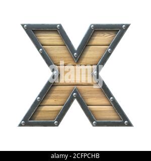 Police en bois avec cadre en métal et rivets, rendu 3d lettre X Banque D'Images