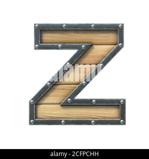 Police en bois avec cadre en métal et rivets, rendu 3d lettre Z Banque D'Images