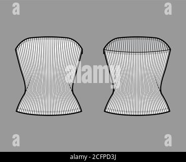 Haut tube côtelé illustration technique de la mode avec fermeture à glissière sur le côté, corps ajusté, encolure ronde, coupe près du corps. Modèle de vêtement à dessus plat à l'avant, à l'arrière, de couleur blanche. Femmes hommes unisexe tricot CAD maquette Illustration de Vecteur