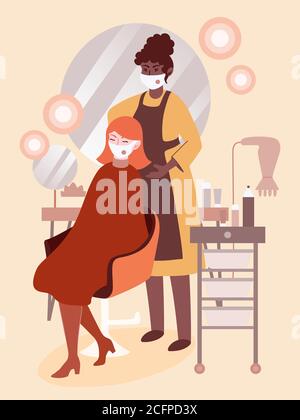 Salons de beauté pendant la pandémie COVID-19. Le coiffeur en masque coupe les cheveux du client, en tenant compte des règles de prévention Illustration de Vecteur