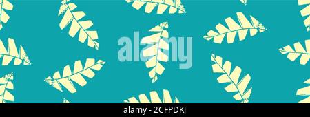 Le style d'impression monochrome laisse un arrière-plan vectoriel transparent. Bannière de feuillage jaune découpé texturé sur fond bleu aqua. Fait à la main Illustration de Vecteur