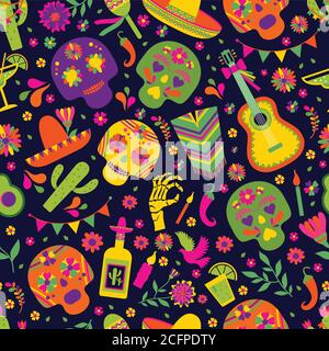 Motif vectoriel sans couture avec éléments mexicains - guitare, sombrero, tequila, taco, crâne sur obscurité. Un fond artistique parfait pour votre conception. Illustration de Vecteur