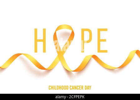 Affiche modèle espoir pour le mois de sensibilisation au cancer avec ruban d'or réaliste. Symbole mondial du cancer de l'enfance 15 février, illustration vectorielle. Illustration de Vecteur