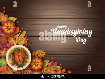 Joyeux motif Thanksgiving avec des feuilles de citrouille et d'automne. illustration vectorielle en bois Illustration de Vecteur