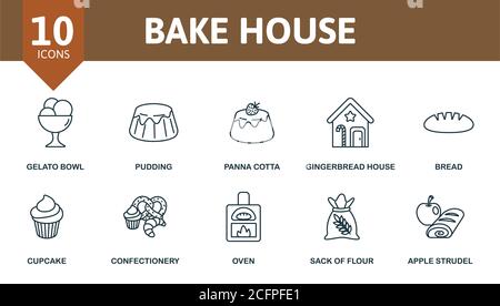 Ensemble d'icônes Bake House. La collection contient de la pomme, du strudel, de la pancake, du beignet, de la pomme, de la tarte, du bretzel, des gaufres, des croissants, des muffins, de la crème, du cône, du pudding et plus Illustration de Vecteur