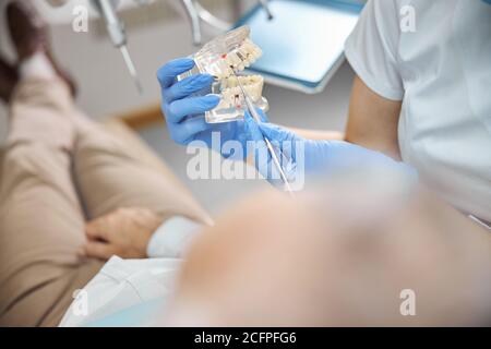 Dentiste démontrant une prothèse dentaire à mâchoire complète à un patient Banque D'Images