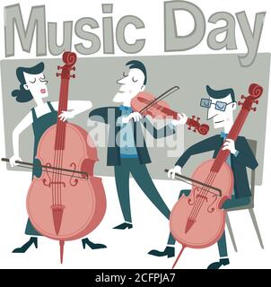 Illustration de style rétro de divers musiciens classiques jouant leurs instruments. Ci-dessus, l'expression "Journée de la musique" est écrite. Illustration de Vecteur