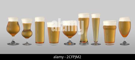 Différentes formes de verres à bière remplis de bière et une tête De mousse sur un arrière-plan isolé - rendu 3D Banque D'Images