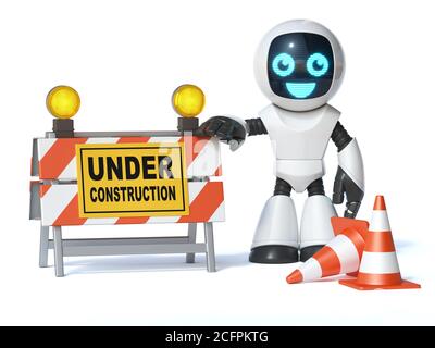 Petit robot à côté du panneau de signalisation sous construction et des cônes de trafic, rendu 3d Banque D'Images