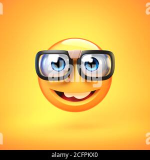 Nerd emoji isolé sur fond jaune, émoticône avec lunettes nerd rendu 3d Banque D'Images