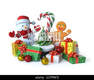 Carte postale de Noël, cadeaux, bonhomme de neige, bonhomme de pain d'épice, bâtons de bonbons, boule de neige avec arbre de Noël et autres décorations rendu 3d Banque D'Images