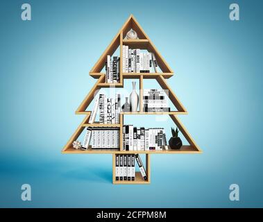 Étagères en forme d'arbre de Noël, cadeau de Noël, concept d'étagère de livres, rendu 3d Banque D'Images