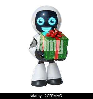 Petit robot tenant boîte cadeau rendu 3d Banque D'Images
