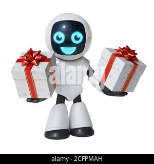 Petit robot tenant boîte cadeau rendu 3d Banque D'Images