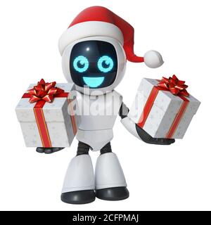 Petit robot Père Noël tenant boîte cadeau rendu 3d Banque D'Images