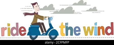 Une bannière horizontale de style rétro d'une femme à moto. Illustration de Vecteur