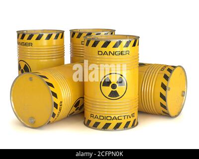 Barils jaunes de déchets radioactifs avec rendu 3d de symbole radioactif Banque D'Images