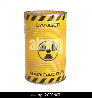 Cylindre jaune de déchets radioactifs avec rendu 3d de symbole radioactif Banque D'Images