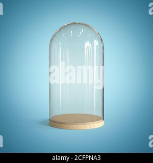 Dôme en verre sur le plateau en bois, cloche en verre sur fond bleu rendu 3d Banque D'Images