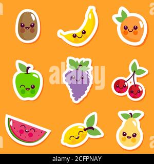 Ensemble d'autocollants de personnages mignons de fruits de bande dessinée. Raisin, cerises, pastèque, citron, citron vert et poire. Banque D'Images