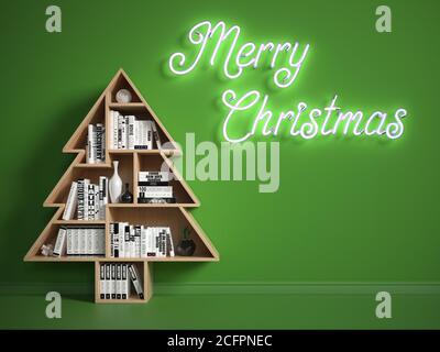 Carte de Noël, étagère de livres sous forme d'arbre de Noël et lumières de Noël au néon Merry sur le mur, rendu 3d Banque D'Images