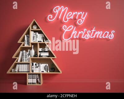 Carte de Noël, étagère de livres sous forme d'arbre de Noël et lumières de Noël au néon Merry sur le mur, rendu 3d Banque D'Images