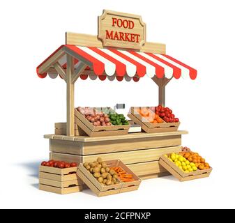 Kiosque du marché alimentaire, boutique des agriculteurs, salon de la nourriture agricole, présentoir de fruits et légumes en 3d Banque D'Images