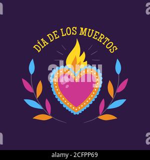 Étiquette du jour des morts (Día de Muertos). Dessin animé coeur mexicain avec texte en espagnol. Illustration de vecteur mignon. Illustration de Vecteur