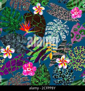 Motif aquarelle abstrait sans couture avec plantes exotiques tropicales lumineuses. Aquarelle palmiers dessinés à la main, Monstera, Philodendron, Frangipani, Hibiscus wi Banque D'Images