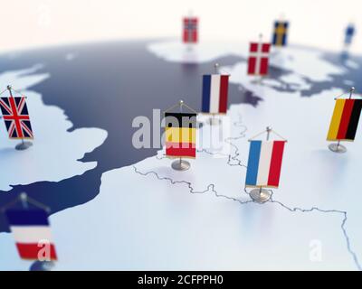 Drapeau de la Belgique en vue parmi d'autres pays européens drapeaux. L'Europe est marquée par des indicateurs de table rendu 3d Banque D'Images