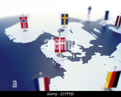 Drapeau du Danemark en vue parmi d'autres pays européens drapeaux. L'Europe est marquée par des indicateurs de table rendu 3d Banque D'Images