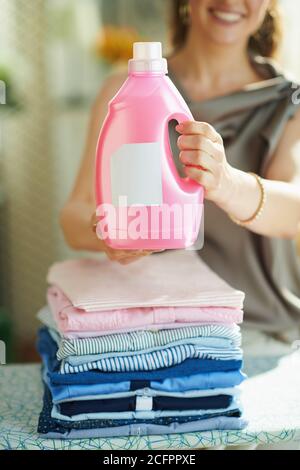 Gros plan sur une femme souriante avec planche à repasser, pile de vêtements repassés et bouteille rose d'assouplissant dans le salon par beau temps. Banque D'Images