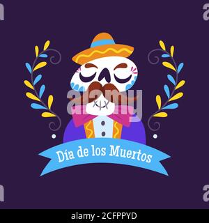 Étiquette du jour des morts (Día de Muertos). Caricature mexicaine avec ruban et décoration textuelle. Illustration de vecteur mignon. Illustration de Vecteur