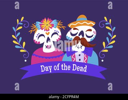 Bannière du jour des morts (Día de Muertos). Caricature mexicaine couple crâne avec texte en anglais. Illustration de vecteur mignon. Illustration de Vecteur
