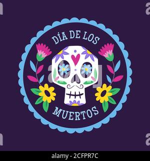 Étiquette du jour des morts (Día de Muertos). Caricature du crâne mâle mexicain dans un cadre décoratif. Illustration de vecteur mignon. Illustration de Vecteur