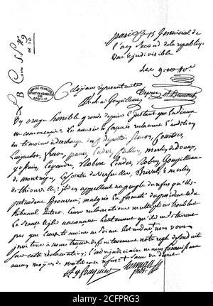 Lettre d'Antoine Quentin Fouquier de Tinville, plus tard Fouquier-Tinville, 10 juin 1746 - 7 mai 1795, n révolutionnaire français et procureur du Tribunal révolutionnaire pendant la Révolution française à la Convention, à l'occasion du procès de Danton / mémoire d'Antoine Quentin Fouquier de Tinville, Fäter Fouquier-Tinville, 10. Juin 1746 - 7. Mai 1795,n französischer Revolutionär und öffentlicher Ankläger des Revolutionstritribunaux während der Französischen Revolution an der Konvent, anläßlich des Prozesses gegen Danton, Historisch, historique, numérique amélioration de la reproduction Banque D'Images