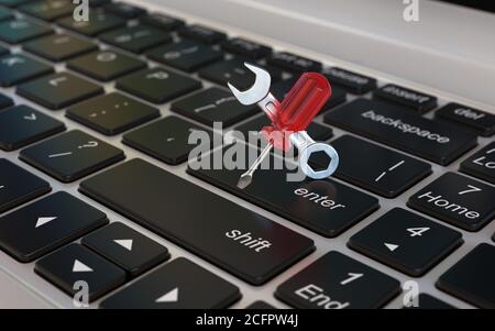 Réparation d'ordinateur, maintenance, support, diagnostic d'usure, tournevis et clé sur le clavier d'ordinateur portable, icône de paramètres, rendu 3d Banque D'Images