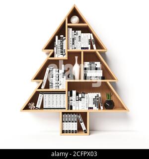 Étagères en forme d'arbre de Noël, cadeau de Noël, concept d'étagère de livres, rendu 3d Banque D'Images
