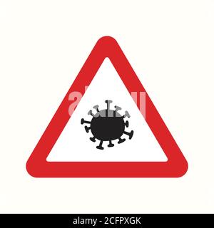 Icône du virus Corona avec un signe d'avertissement rouge. Icône Covid triangle de route. Illustration de Vecteur
