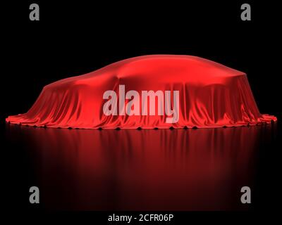 Présentation de la nouvelle voiture, présentation du modèle, caché sous la couverture rouge, sur fond noir, rendu 3d Banque D'Images