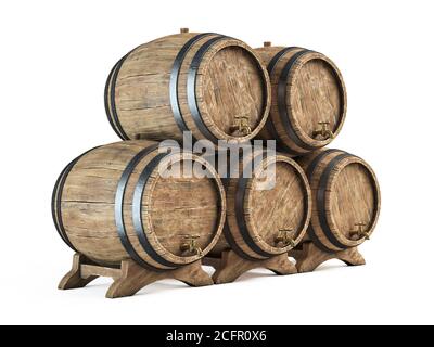 Pile de barils en bois isolée sur fond blanc, illustration 3d de cave à vin Banque D'Images