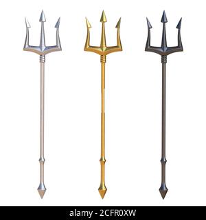 Tridents, argent, métal doré et noir, isolé sur fond blanc, rendu 3d Banque D'Images