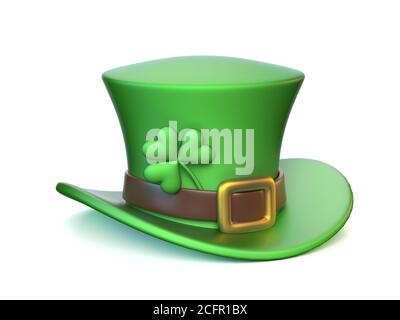 Chapeau vert Saint-Patrick avec trèfle à quatre feuilles isolé sur fond blanc rendu 3d Banque D'Images