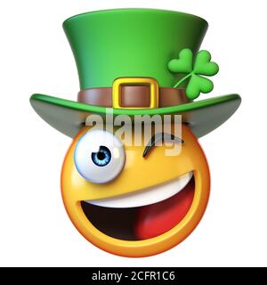 Emoji avec chapeau vert de Saint Patrick avec trèfle à quatre feuilles, émoticône irlandais isolé sur fond blanc rendu 3d Banque D'Images