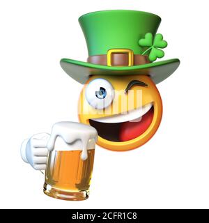 Emoji avec chapeau vert de Saint Patrick avec trèfle à quatre feuilles, émoticône irlandais tenant la bière isolée sur fond blanc rendu 3d Banque D'Images